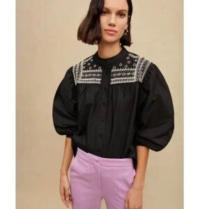 Maje Black Button Down Shirt with White Embroidery